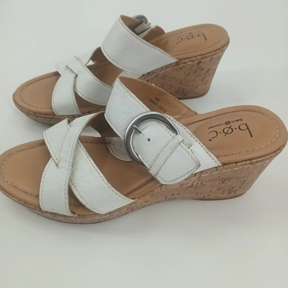 B.O.C. Born Concept White Leather Cork Wedge Sandals Womens 8M C94301 CIA15